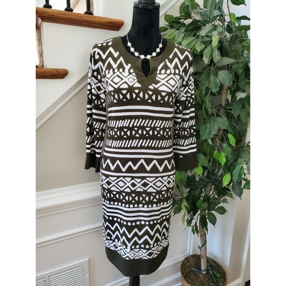 Jones NewYork Women's Green & White Rayon V-Neck Long Sleeve Knee Length Dress M